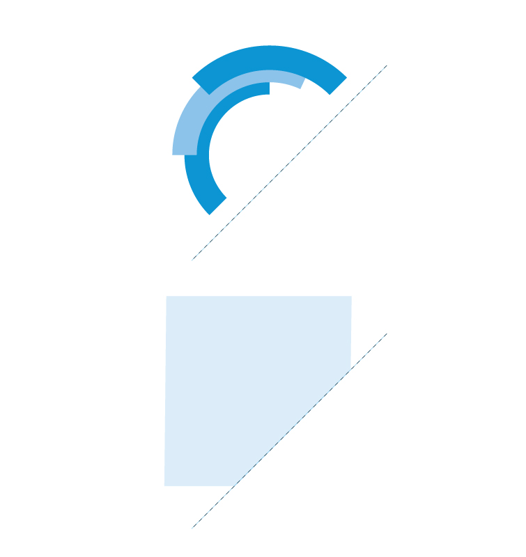 Blauwe boog uit het logo van HP Valves en een lichtblauw vierkant waar een hoek van af is