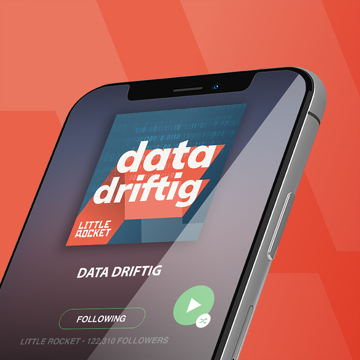 Telefoon met Spotify geopend met de podcast van Little Rocket genaamd data driftig