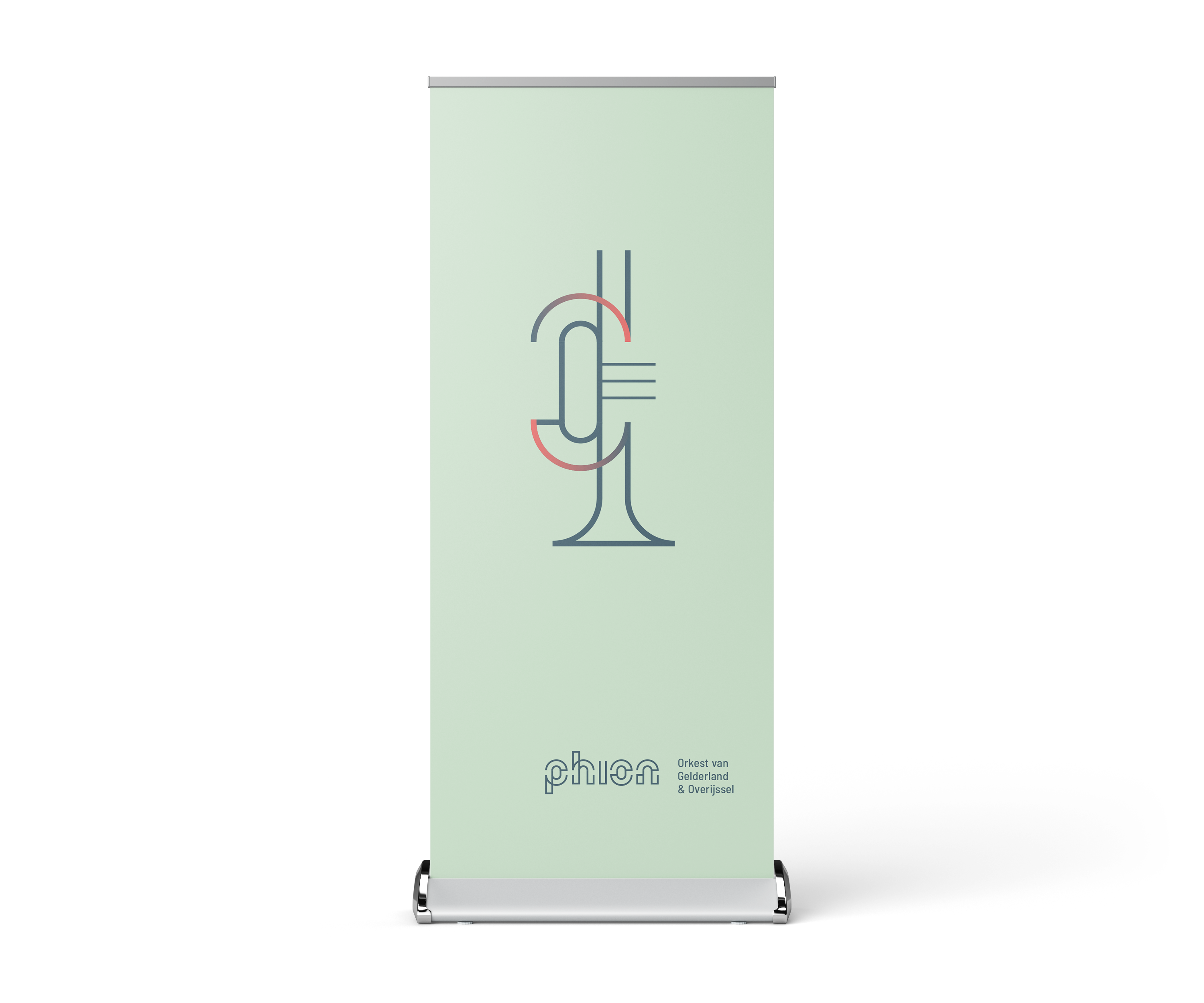 Groene roll-up banner een graphic van een trompet in de huisstijl van Phion