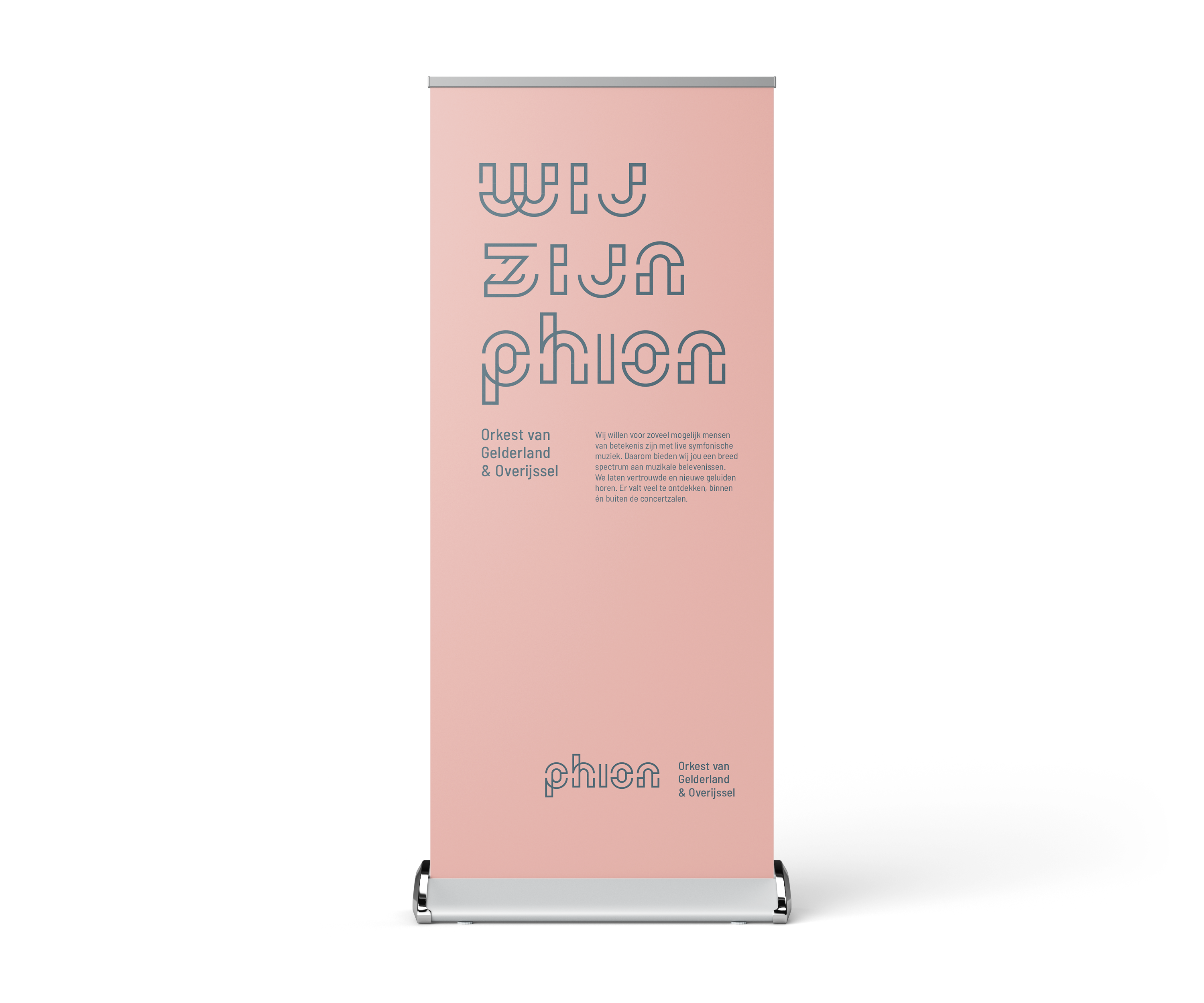 Roze roll-up banner met de tekst: wij zijn phion
